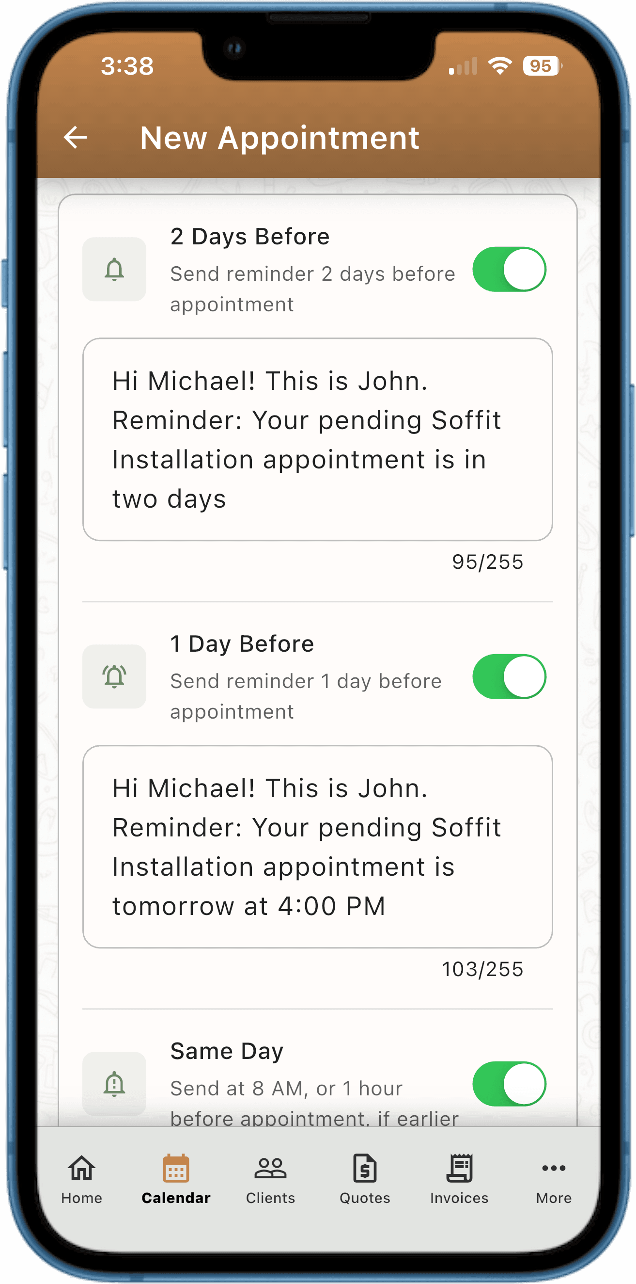 Automated reminders screen