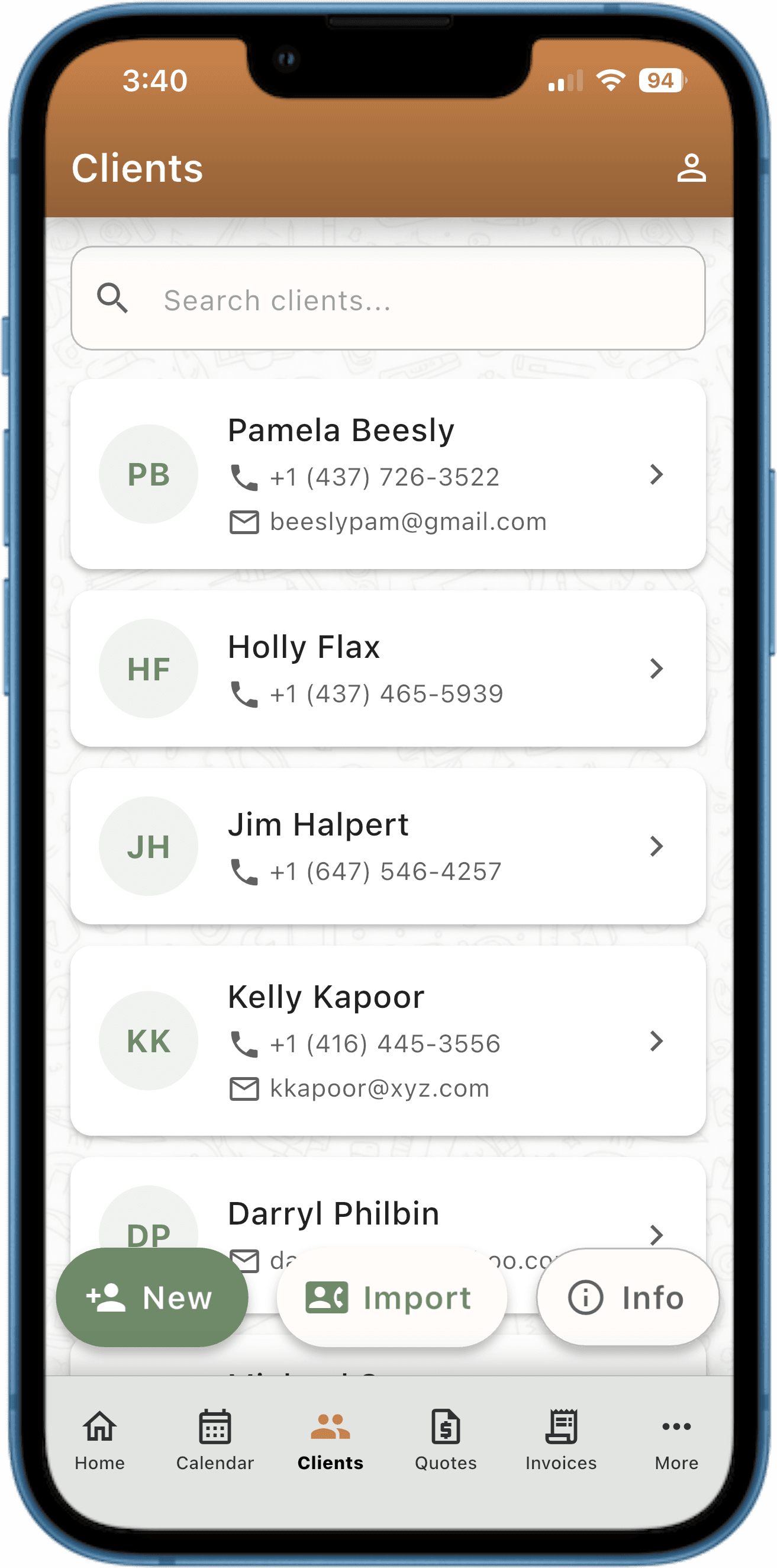 Client contacts screen