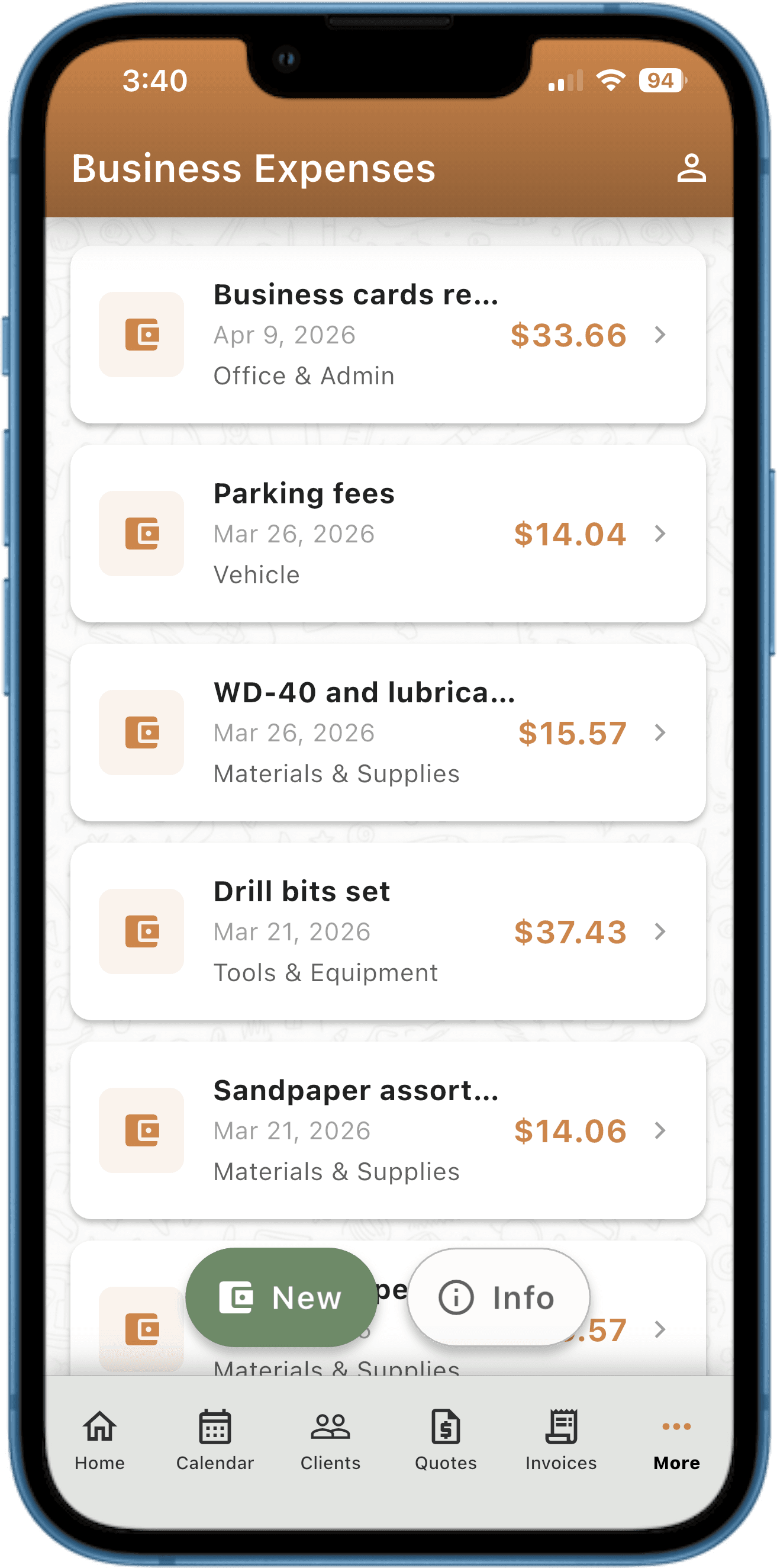 Expense tracking screen