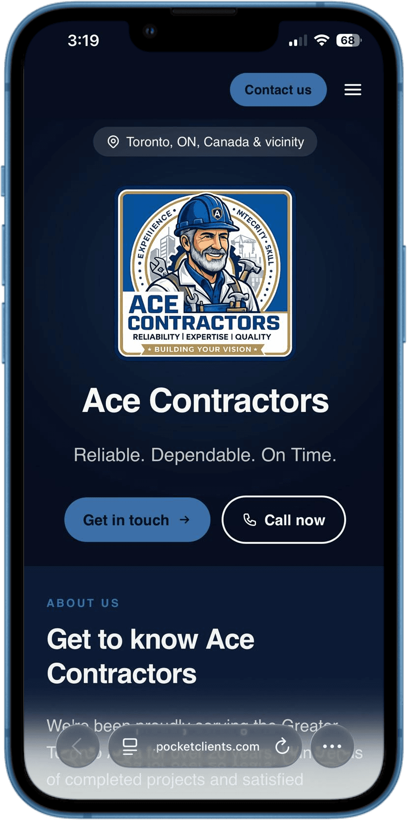 A published Pocket Page showing a service pro's business name, photo, and tap-to-call button