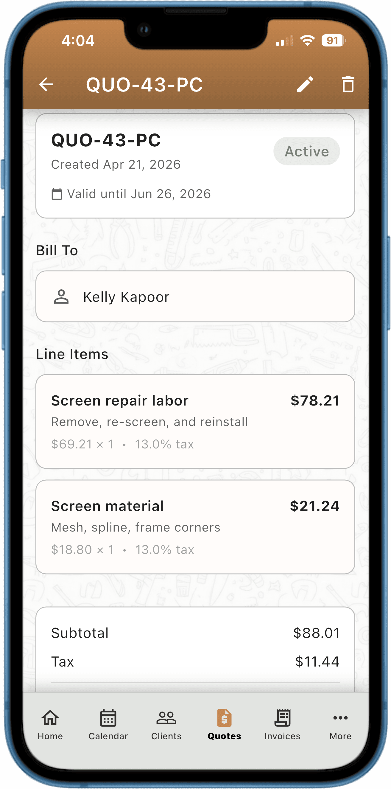 Quotes and invoices screen