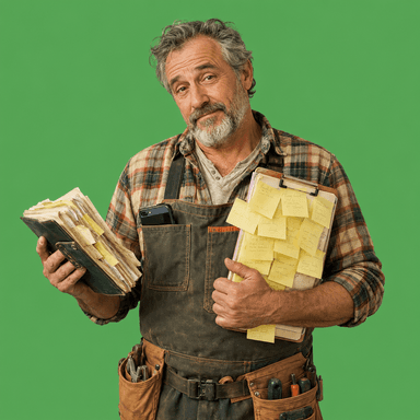 Veteran tradesman managing clients with sticky notes and an overflowing contacts list