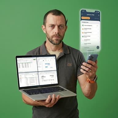 Contractor juggling spreadsheets, Google Calendar, email, and Word across laptop and phone