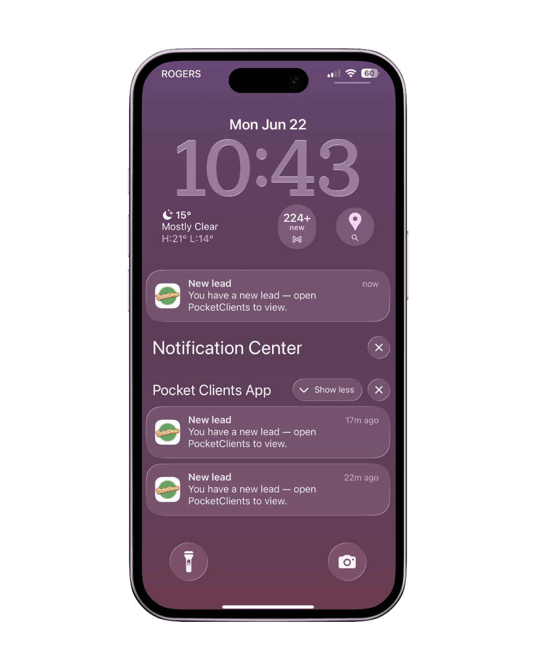 A new lead arriving as a push notification inside the PocketClients app